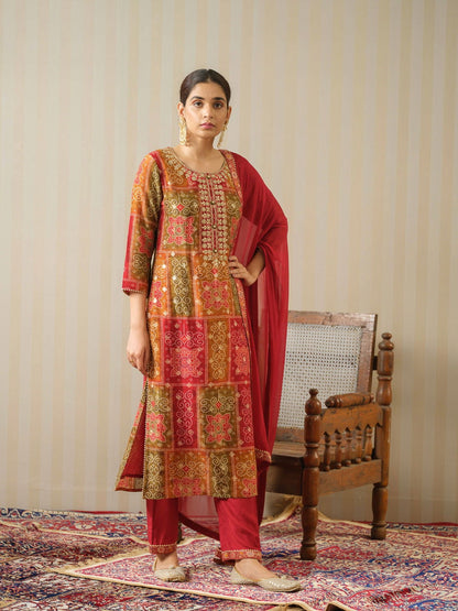 Bandhani Printed Thread Work Regular Pure Silk Kurta With Trousers & Dupatta - Buy Best Ethnic Wear for Women & Girls | Daily Woman - 