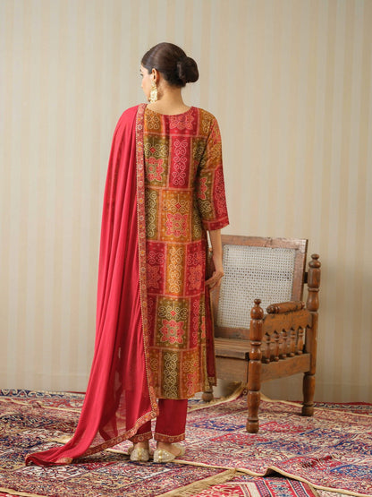 Bandhani Printed Thread Work Regular Pure Silk Kurta With Trousers & Dupatta - Buy Best Ethnic Wear for Women & Girls | Daily Woman - 