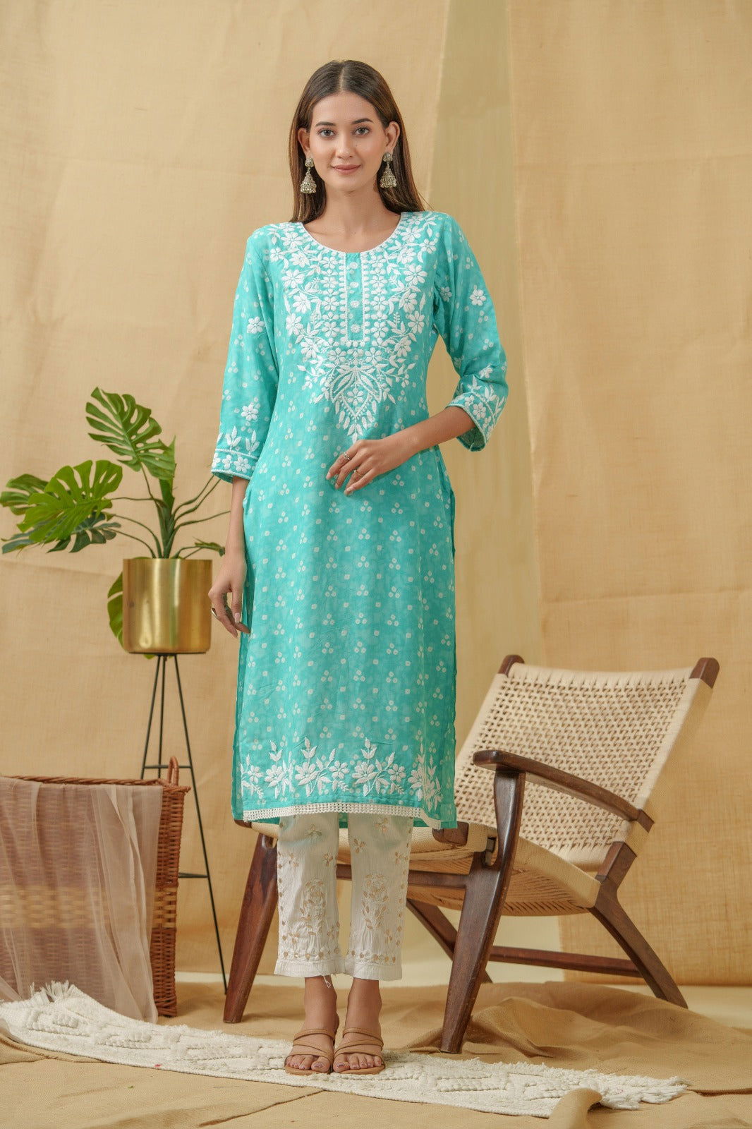 Bandhani Printed Thread Work Straight Kurta - Buy Best Ethnic Wear for Women & Girls | Daily Woman - 