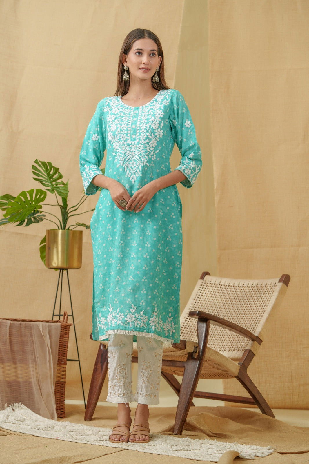 Bandhani Printed Thread Work Straight Kurta - Buy Best Ethnic Wear for Women & Girls | Daily Woman - 
