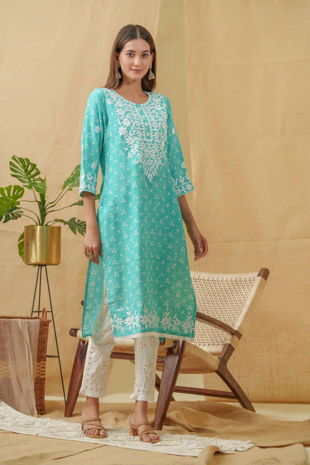 Bandhani Printed Thread Work Straight Kurta - Buy Best Ethnic Wear for Women & Girls | Daily Woman - 
