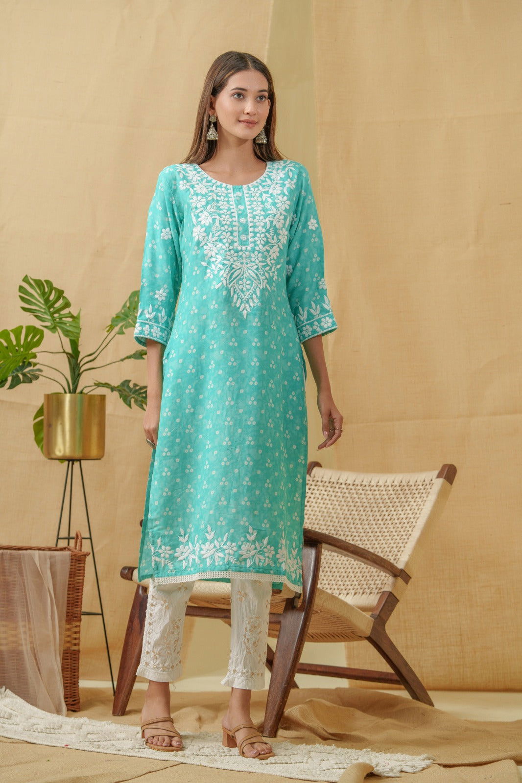 Bandhani Printed Thread Work Straight Kurta - Buy Best Ethnic Wear for Women & Girls | Daily Woman - 