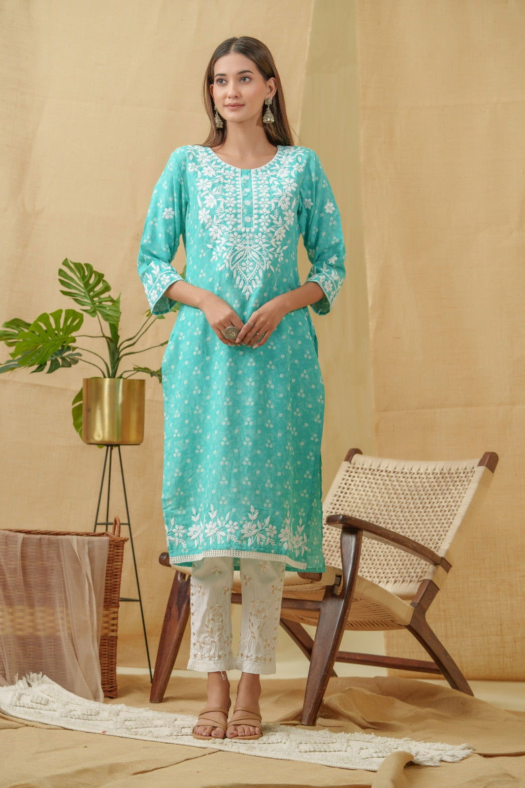 Bandhani Printed Thread Work Straight Kurta - Buy Best Ethnic Wear for Women & Girls | Daily Woman - 