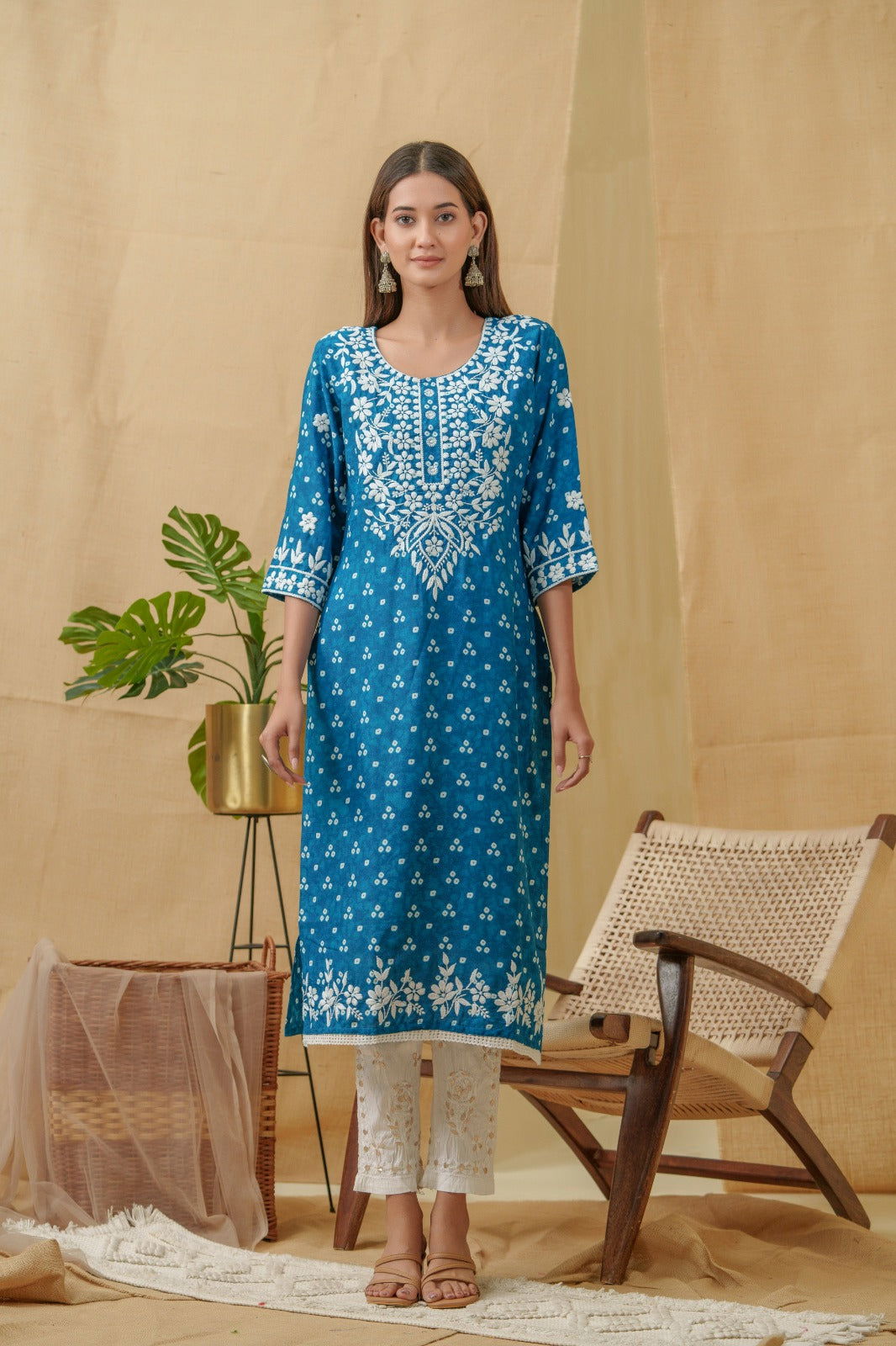 Bandhani Printed Thread Work Straight Kurta - Buy Best Ethnic Wear for Women & Girls | Daily Woman - 