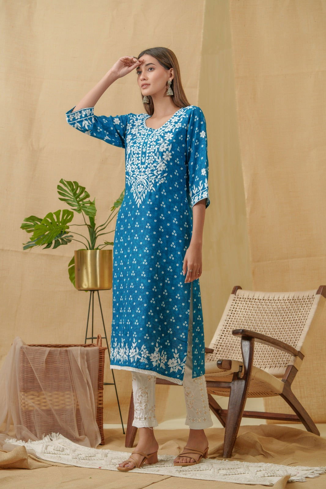 Bandhani Printed Thread Work Straight Kurta - Buy Best Ethnic Wear for Women & Girls | Daily Woman - 