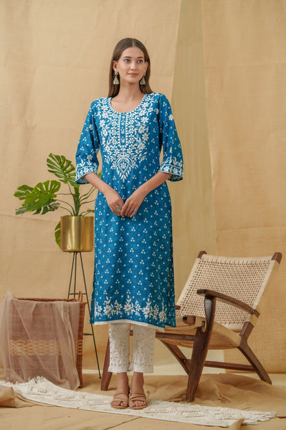 Bandhani Printed Thread Work Straight Kurta - Buy Best Ethnic Wear for Women & Girls | Daily Woman - 