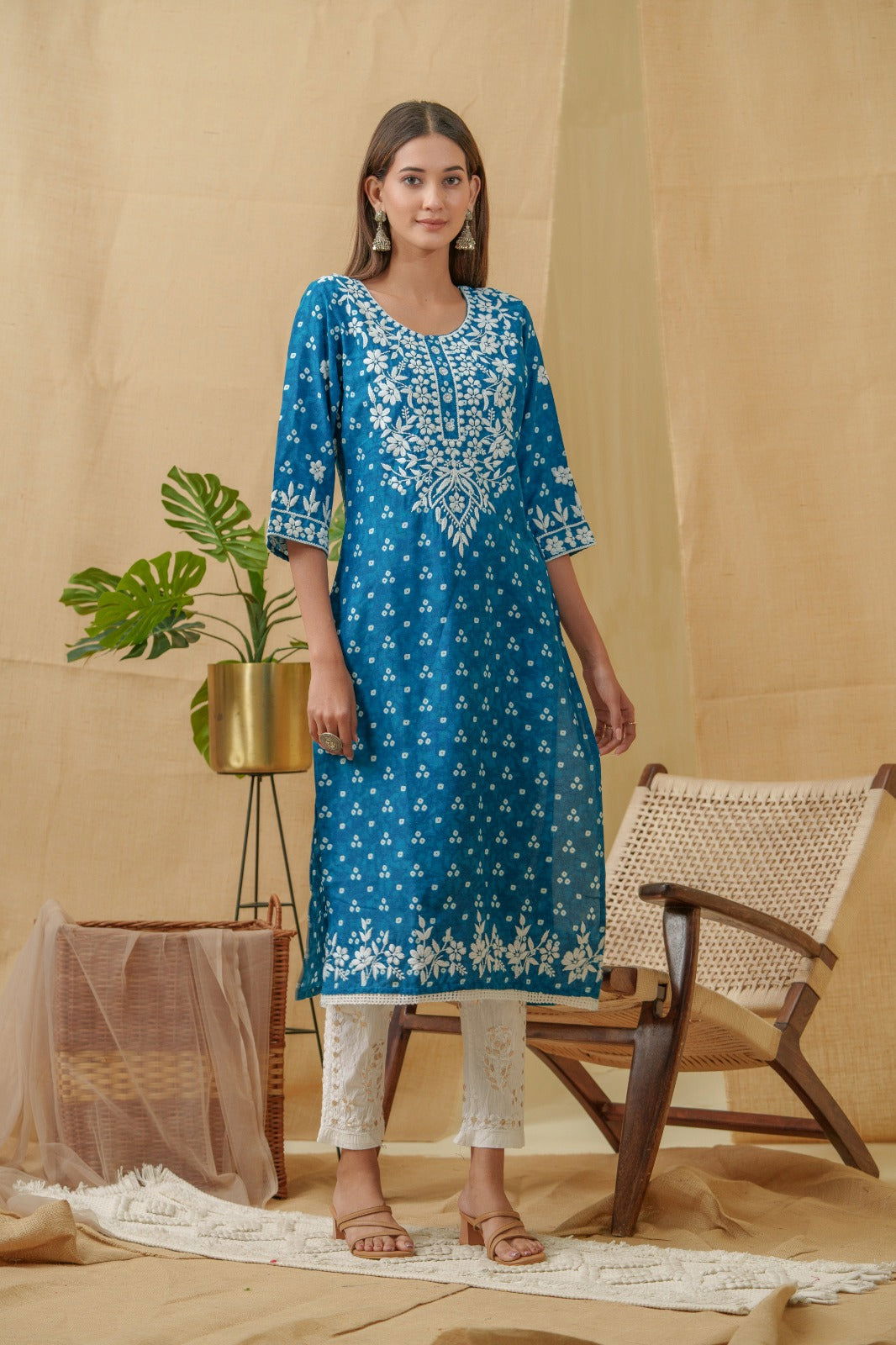 Bandhani Printed Thread Work Straight Kurta - Buy Best Ethnic Wear for Women & Girls | Daily Woman - 