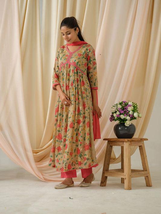 Beige  Floral Printed Sequinned Empire Pure Cotton Kurta With Trouser & Dupatta - Buy Best Ethnic Wear for Women & Girls | Daily Woman - 