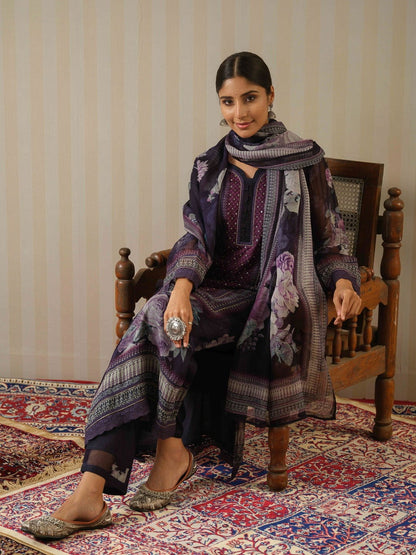 Black Printed Floral Straight Kurta and Trousers With Dupatta - Buy Best Ethnic Wear for Women & Girls | Daily Woman - 