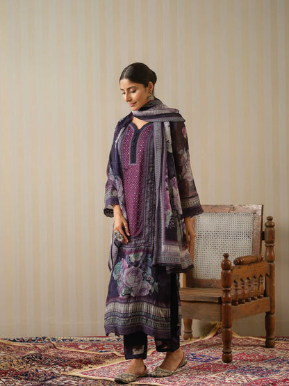 Black Printed Floral Straight Kurta and Trousers With Dupatta - Buy Best Ethnic Wear for Women & Girls | Daily Woman - 