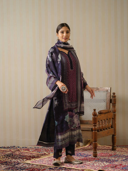 Black Printed Floral Straight Kurta and Trousers With Dupatta - Buy Best Ethnic Wear for Women & Girls | Daily Woman - 