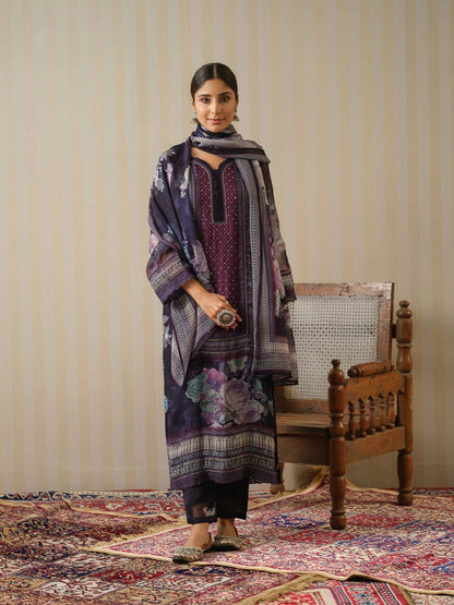 Black Printed Floral Straight Kurta and Trousers With Dupatta - Buy Best Ethnic Wear for Women & Girls | Daily Woman - 