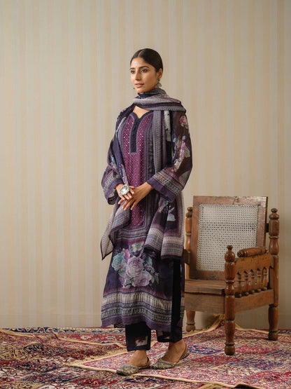 Black Printed Floral Straight Kurta and Trousers With Dupatta - Buy Best Ethnic Wear for Women & Girls | Daily Woman - 