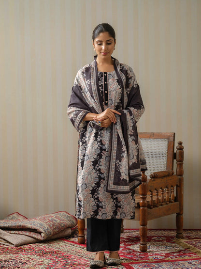 Black & White Floral Printed Straight Kurta and Trousers With Dupatta - Buy Best Ethnic Wear for Women & Girls | Daily Woman - 