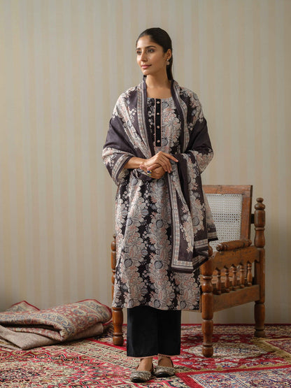 Black & White Floral Printed Straight Kurta and Trousers With Dupatta - Buy Best Ethnic Wear for Women & Girls | Daily Woman - 