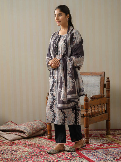 Black & White Floral Printed Straight Kurta and Trousers With Dupatta - Buy Best Ethnic Wear for Women & Girls | Daily Woman - 