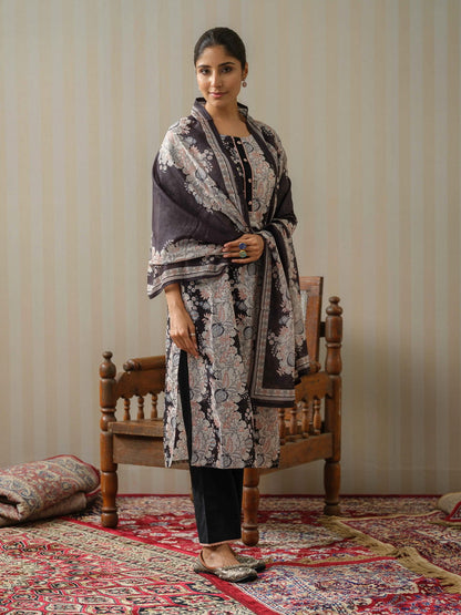 Black & White Floral Printed Straight Kurta and Trousers With Dupatta - Buy Best Ethnic Wear for Women & Girls | Daily Woman - 