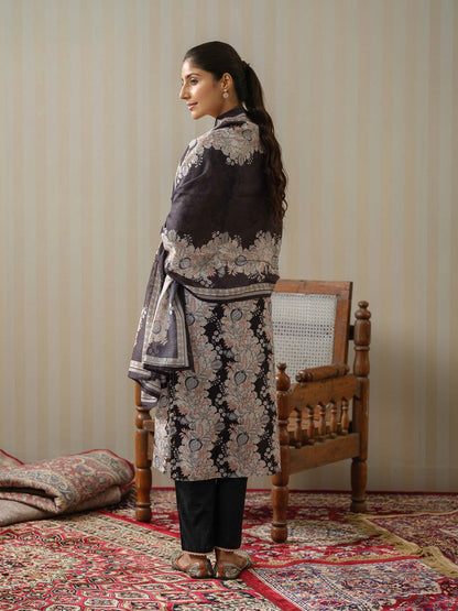 Black & White Floral Printed Straight Kurta and Trousers With Dupatta - Buy Best Ethnic Wear for Women & Girls | Daily Woman - 