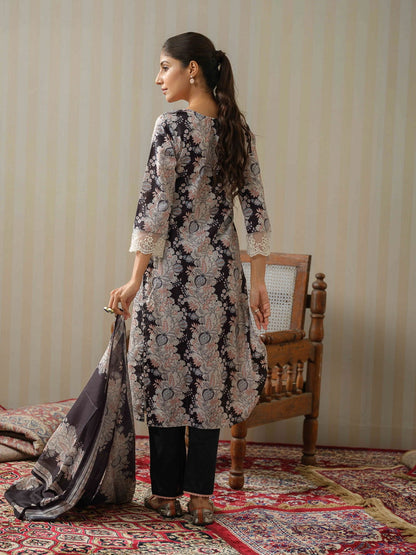 Black & White Floral Printed Straight Kurta and Trousers With Dupatta - Buy Best Ethnic Wear for Women & Girls | Daily Woman - 