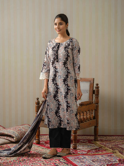 Black & White Floral Printed Straight Kurta and Trousers With Dupatta - Buy Best Ethnic Wear for Women & Girls | Daily Woman - 