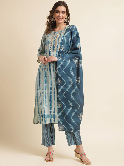 Blue Ethnic Motifs Printed Gotta Patti Straight Kurta With Trouser & Dupatta - Buy Best Ethnic Wear for Women & Girls | Daily Woman - 