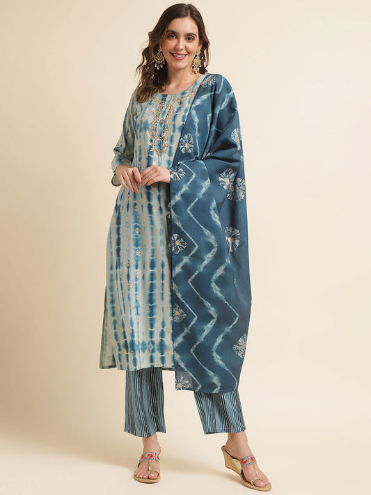 Blue Ethnic Motifs Printed Gotta Patti Straight Kurta With Trouser & Dupatta - Buy Best Ethnic Wear for Women & Girls | Daily Woman - 