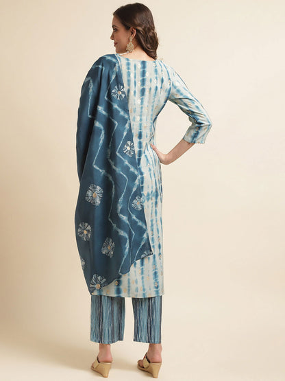 Blue Ethnic Motifs Printed Gotta Patti Straight Kurta With Trouser & Dupatta - Buy Best Ethnic Wear for Women & Girls | Daily Woman - 