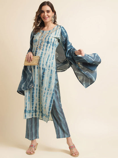 Blue Ethnic Motifs Printed Gotta Patti Straight Kurta With Trouser & Dupatta - Buy Best Ethnic Wear for Women & Girls | Daily Woman - 
