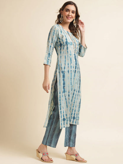 Blue Ethnic Motifs Printed Gotta Patti Straight Kurta With Trouser & Dupatta - Buy Best Ethnic Wear for Women & Girls | Daily Woman - 