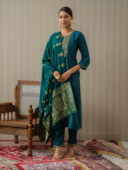 Blue Ethnic Motifs Straight Kurta & Trousers With Dupatta - Buy Best Ethnic Wear for Women & Girls | Daily Woman - 