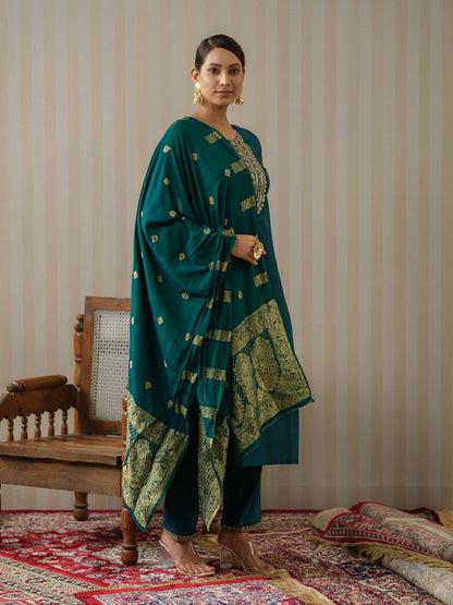 Blue Ethnic Motifs Straight Kurta & Trousers With Dupatta - Buy Best Ethnic Wear for Women & Girls | Daily Woman - 