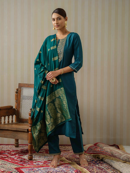Blue Ethnic Motifs Straight Kurta & Trousers With Dupatta - Buy Best Ethnic Wear for Women & Girls | Daily Woman - 