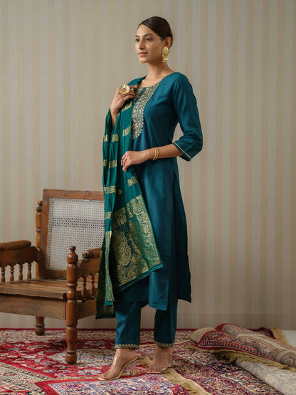 Blue Ethnic Motifs Straight Kurta & Trousers With Dupatta - Buy Best Ethnic Wear for Women & Girls | Daily Woman - 