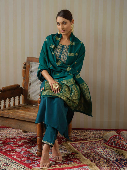 Blue Ethnic Motifs Straight Kurta & Trousers With Dupatta - Buy Best Ethnic Wear for Women & Girls | Daily Woman - 