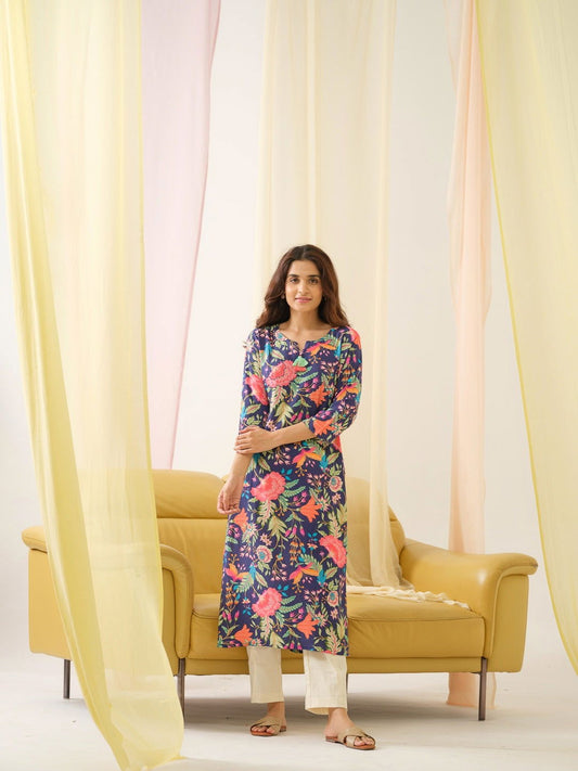 Blue Floral Printed Straight Kurta - Buy Best Ethnic Wear for Women & Girls | Daily Woman - 