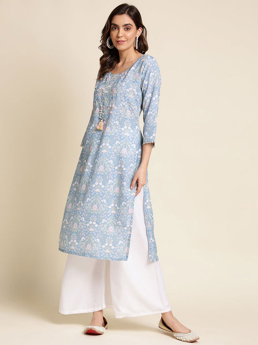 Blue & Green Floral Printed Thread Work Straight Kurta - Buy Best Ethnic Wear for Women & Girls | Daily Woman - 
