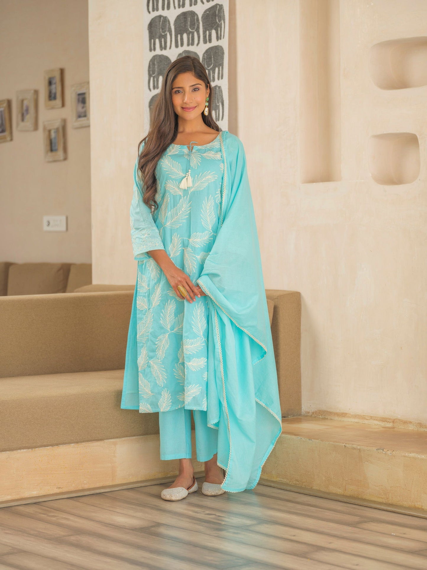 Blue Woven Design Embroidered Straight Kurta and Trousers With Dupatta - Buy Best Ethnic Wear for Women & Girls | Daily Woman - 