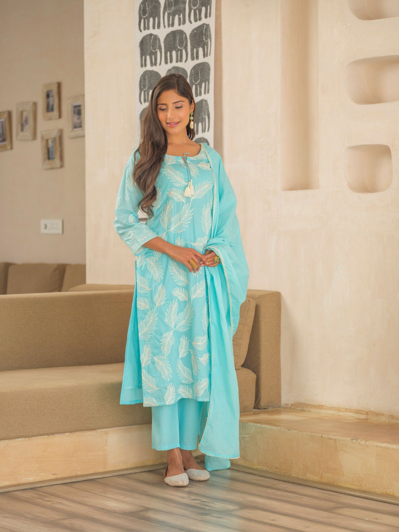 Blue Woven Design Embroidered Straight Kurta and Trousers With Dupatta - Buy Best Ethnic Wear for Women & Girls | Daily Woman - 