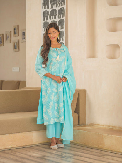 Blue Woven Design Embroidered Straight Kurta and Trousers With Dupatta - Buy Best Ethnic Wear for Women & Girls | Daily Woman - 