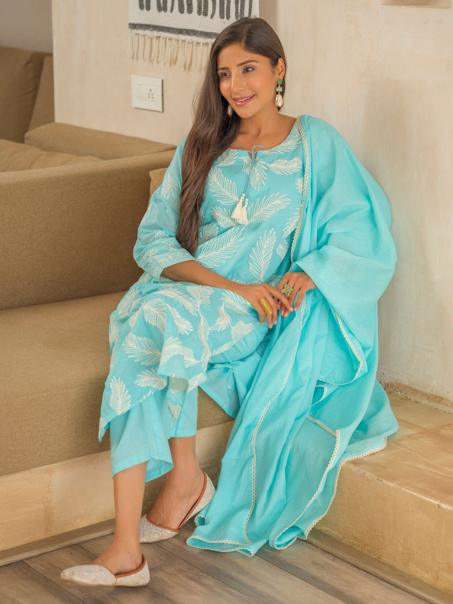 Blue Woven Design Embroidered Straight Kurta and Trousers With Dupatta - Buy Best Ethnic Wear for Women & Girls | Daily Woman - 
