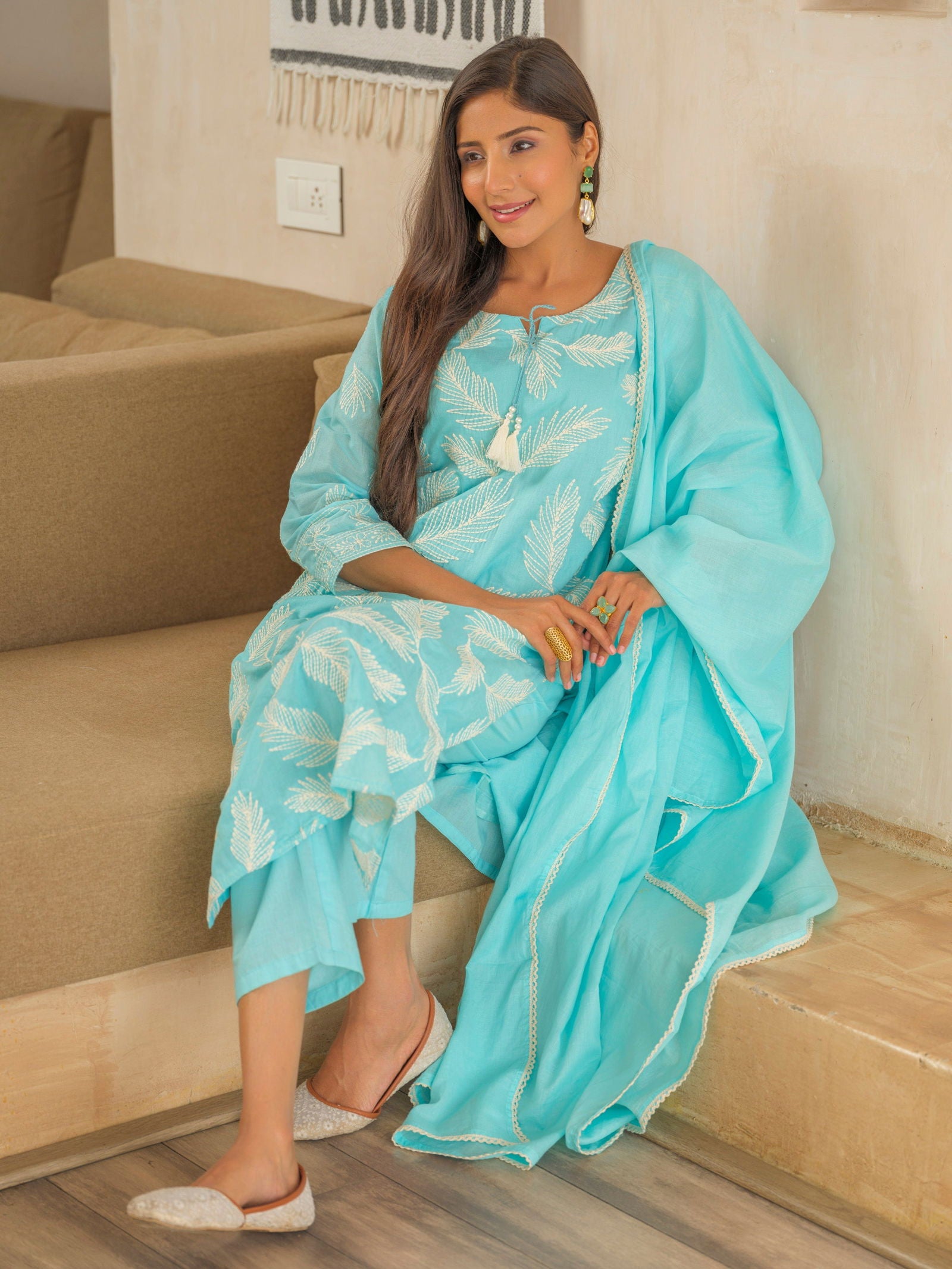 Blue Woven Design Embroidered Straight Kurta and Trousers With Dupatta - Buy Best Ethnic Wear for Women & Girls | Daily Woman - 