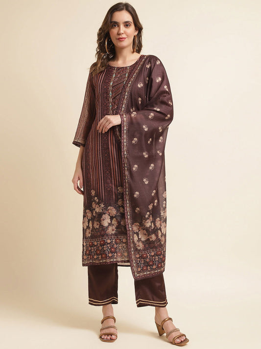 Brown Floral Printed Straight Kurta and Trousers With Dupatta - Buy Best Ethnic Wear for Women & Girls | Daily Woman - 