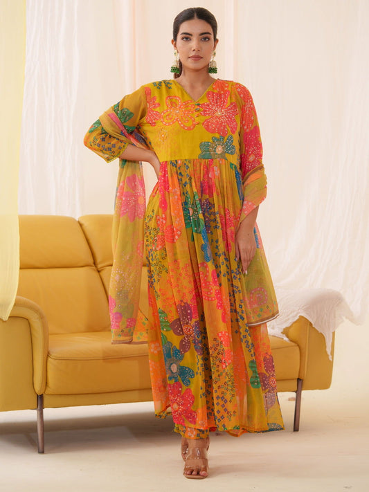 Chiffon Mustrad Women Ethnic Motifs Embroidered Kurta With Trousers & Dupatta - Buy Best Ethnic Wear for Women & Girls | Daily Woman - 