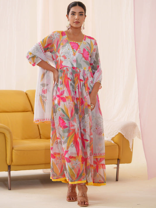Chiffon White Women Ethnic Motifs Embroidered Kurta With Trousers & Dupatta - Buy Best Ethnic Wear for Women & Girls | Daily Woman - 