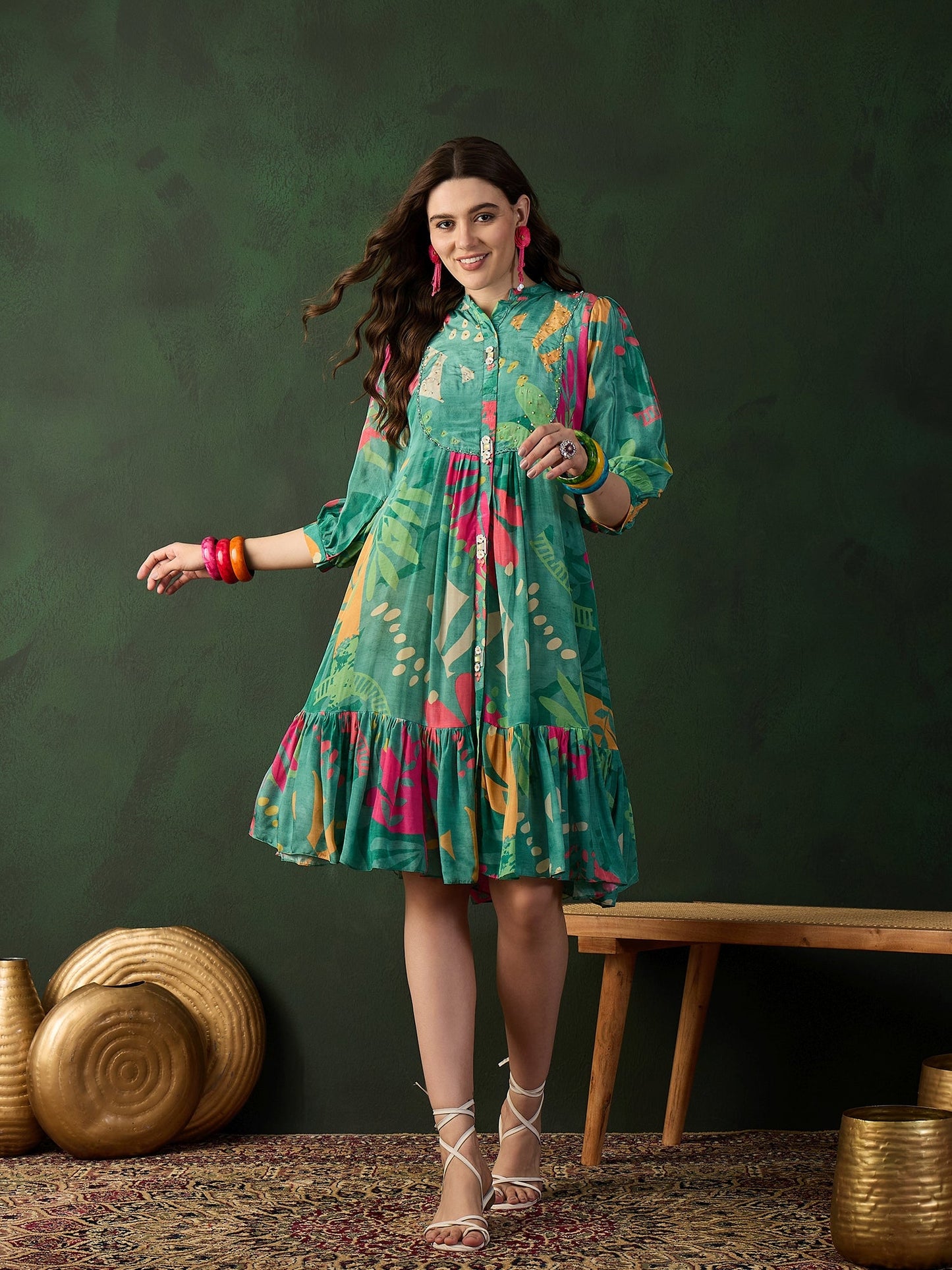 Chinon Printed A-Line Dress - Buy Best Ethnic Wear for Women & Girls | Daily Woman - 