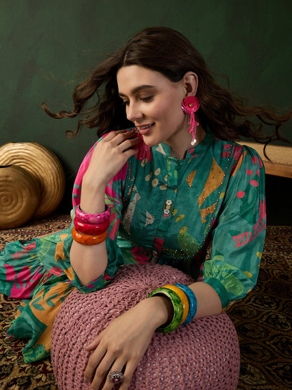 Chinon Printed A-Line Dress - Buy Best Ethnic Wear for Women & Girls | Daily Woman - 