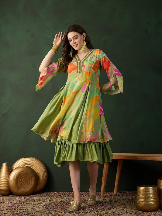 Chinon Printed A-Line Dress - Buy Best Ethnic Wear for Women & Girls | Daily Woman -