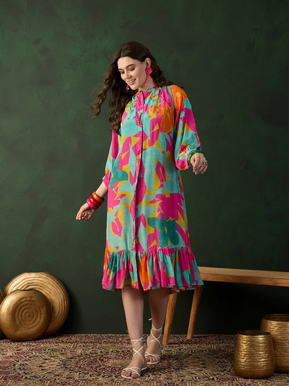 Chinon Printed A-Line Ethnic Dress - Buy Best Ethnic Wear for Women & Girls | Daily Woman - 
