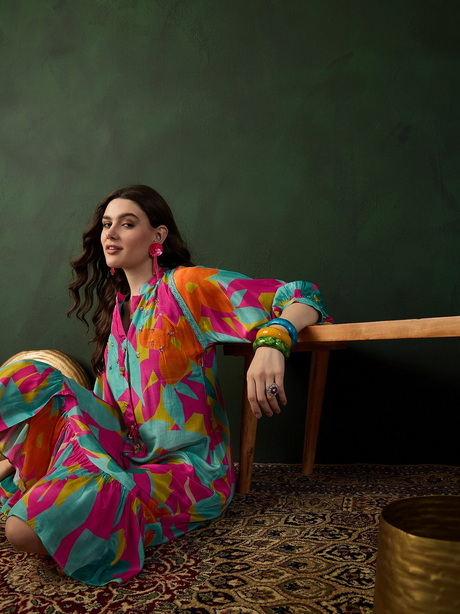 Chinon Printed A-Line Ethnic Dress - Buy Best Ethnic Wear for Women & Girls | Daily Woman - 