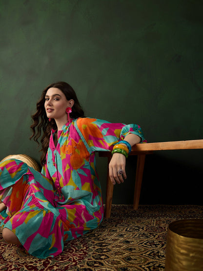 Chinon Printed A-Line Ethnic Dress - Buy Best Ethnic Wear for Women & Girls | Daily Woman - 
